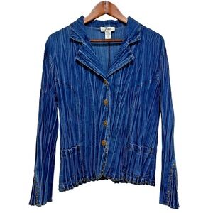 Flair Denim Jacket Womens XL Blue Studded Pleated Crinkle Unique Lagenlook Vtg